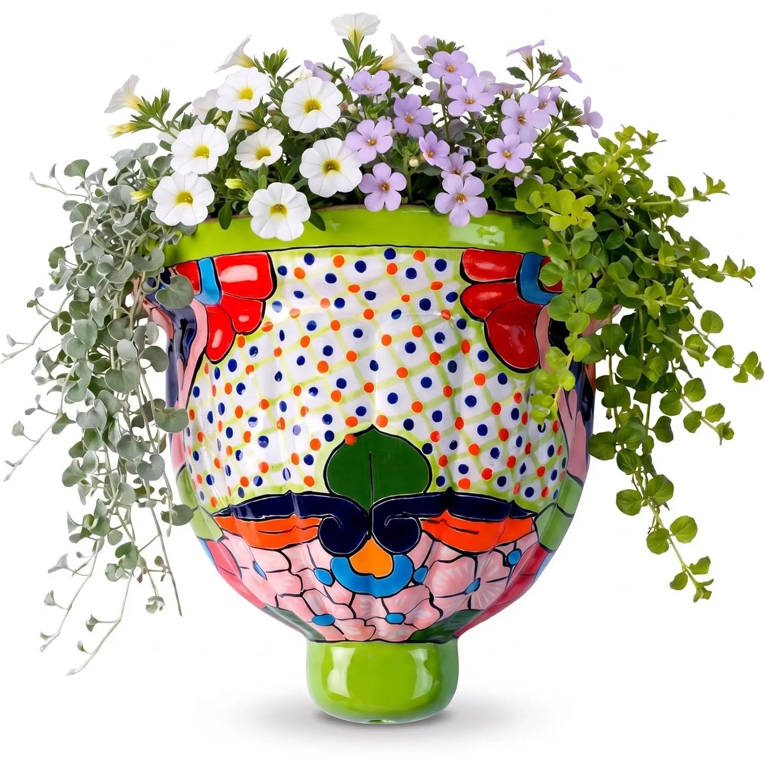 Talavera Wall Planter - Handmade Mexican Hanging Pot (Green-Large) | Hand painted by artisans. Glazed finish. Indoor or outdoor use. Mounts easily on walls, fences and patios.