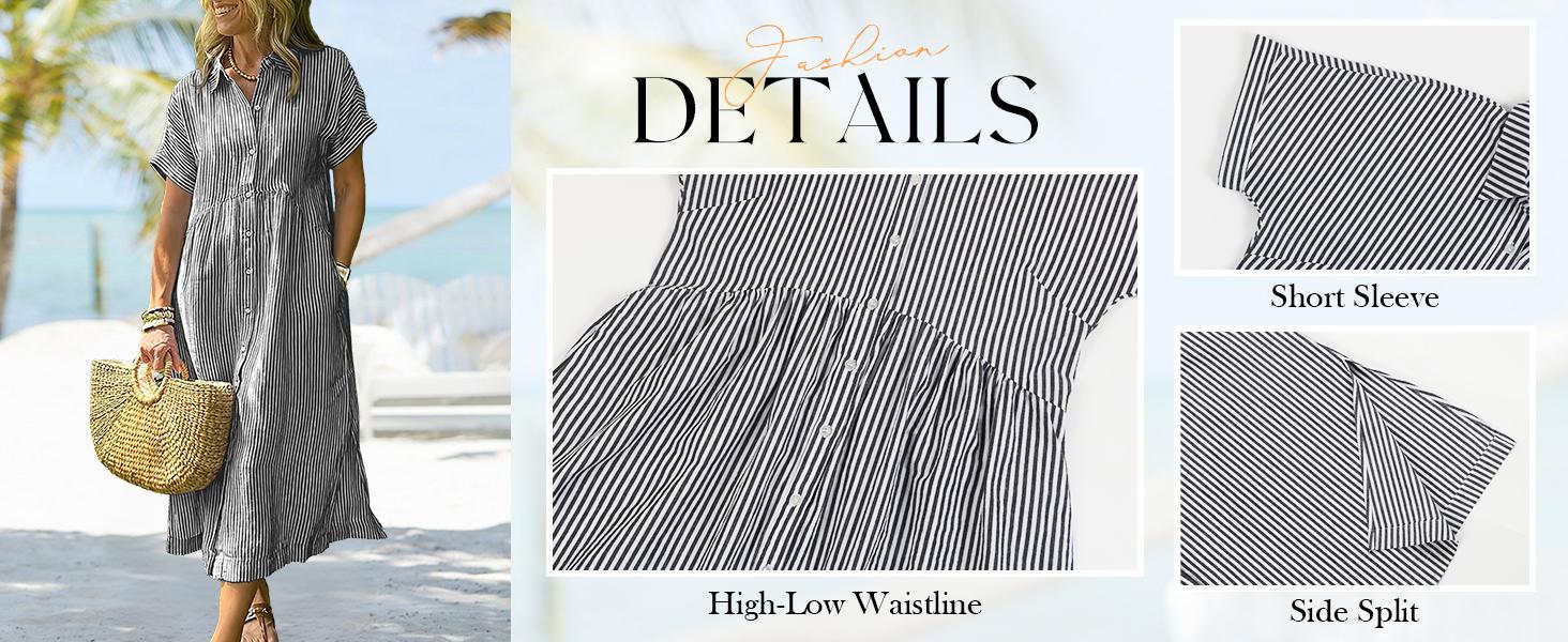 Chouyatou Women's Loose Midi Striped Shirt Dress Bohemian Side Slit Dress with Pockets SpringStatements