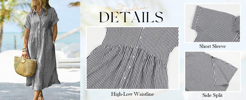 Chouyatou Women's Loose Midi Striped Shirt Dress Bohemian Side Slit Dress with Pockets