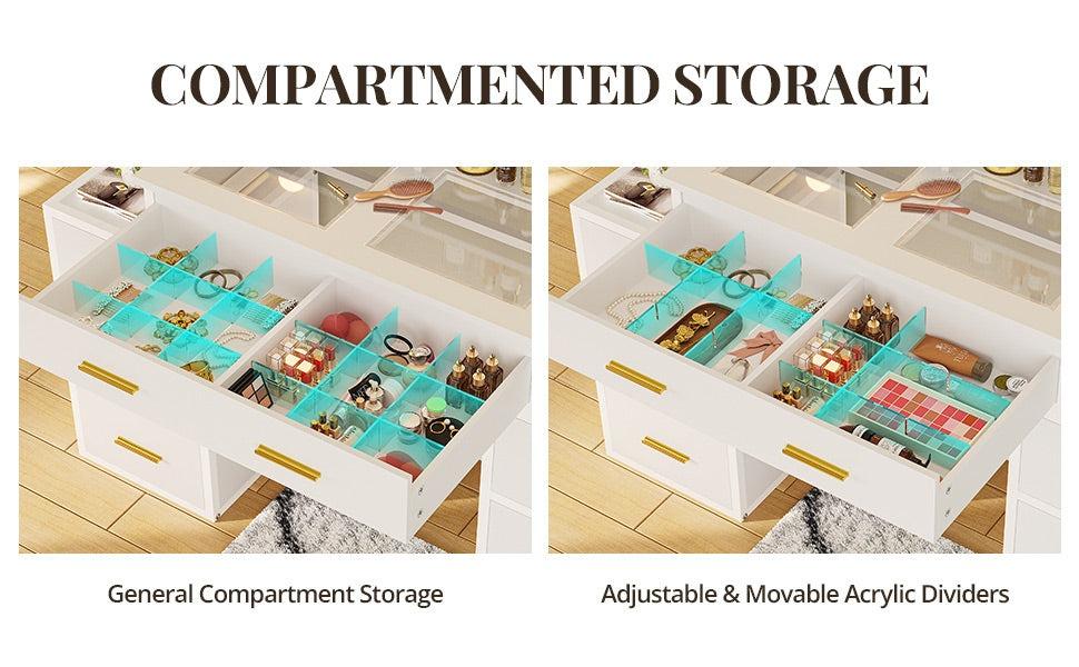 Sikaic Glass Top Makeup Vanity With Lights Power Strip & 10x Magnifying Mirror And Compartment Storage Drawers & Shelves