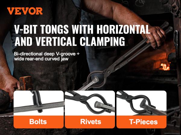 VEVOR Blacksmith Tongs, 18 V-Bit Bolt Tongs, Carbon Steel Forge Tongs with A3 Steel Rivets, for Long, Irregular, and Nail-shaped Forgings, for Beginner and Seasoned Blacksmiths and Bladesmiths