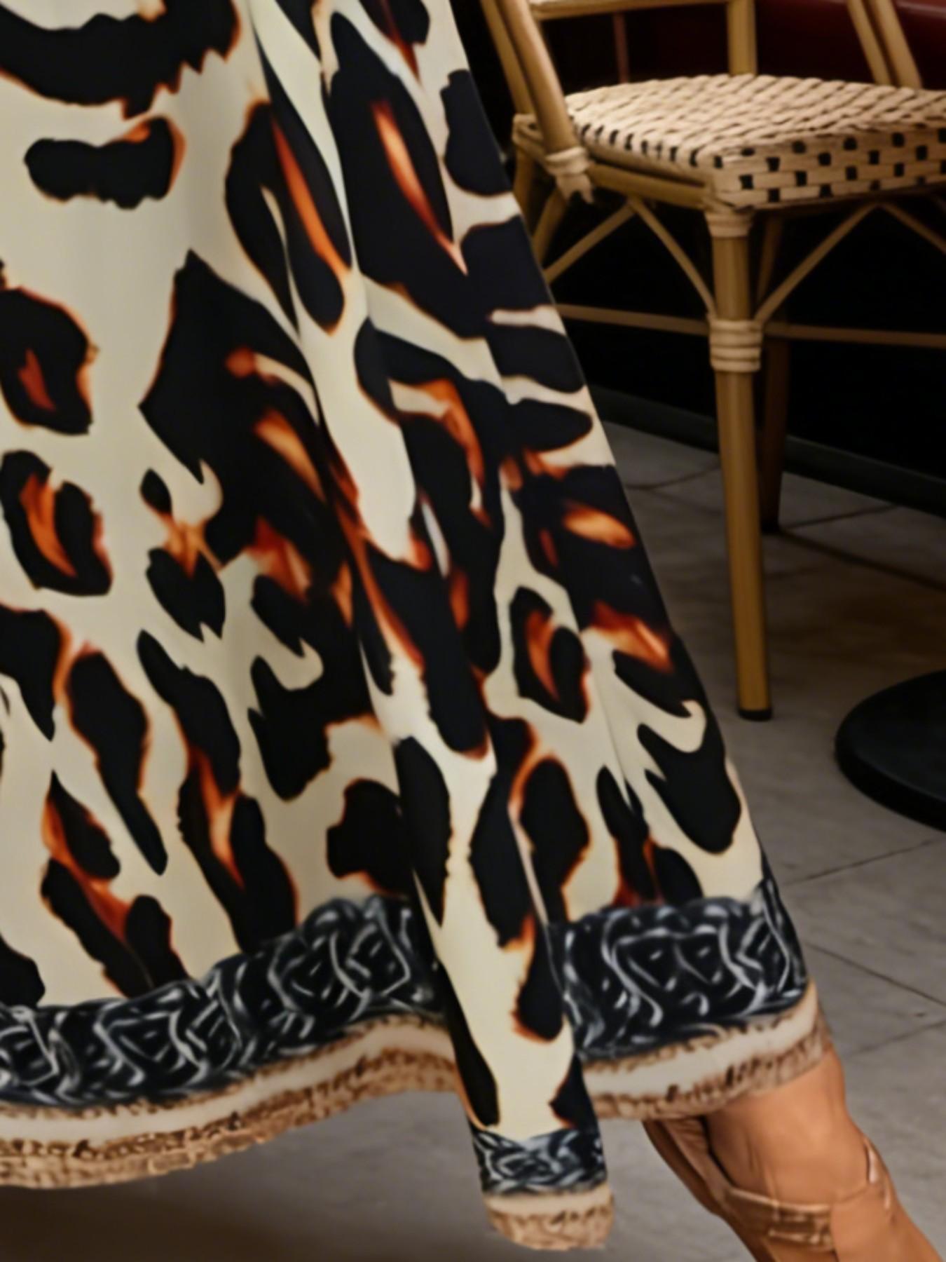 Women's Leopard Print Colorblock Halter Long Dress, V Neck Sleeveless Casual Beach Dress, Ethnic Style Summer Vacation