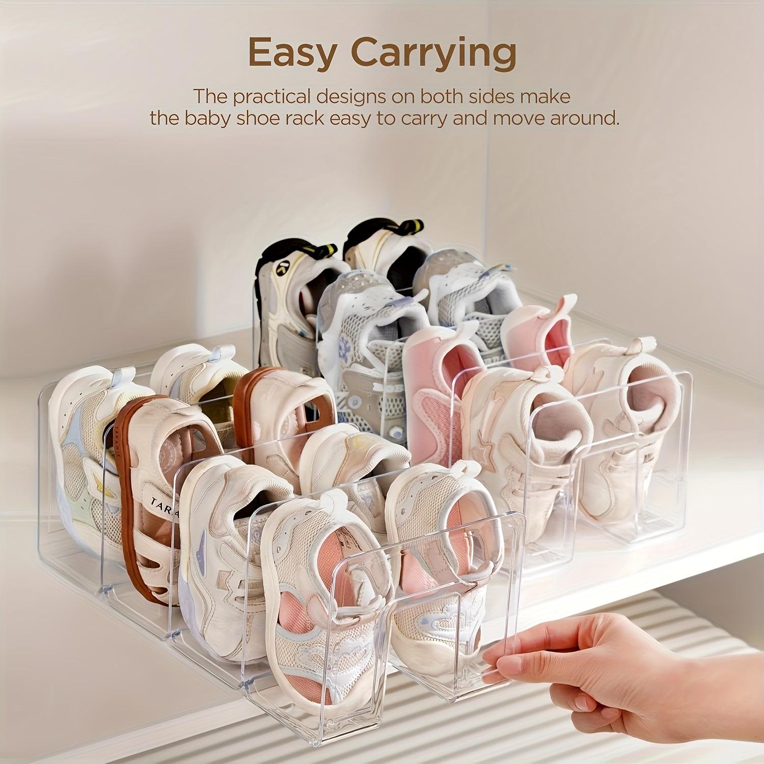 Transparent Acrylic Kids Shoe Rack, Small Closet Organizer, 4-Compartment Baby Shoes Storage, Stackable Shoe Shelf (4-Piece Set)