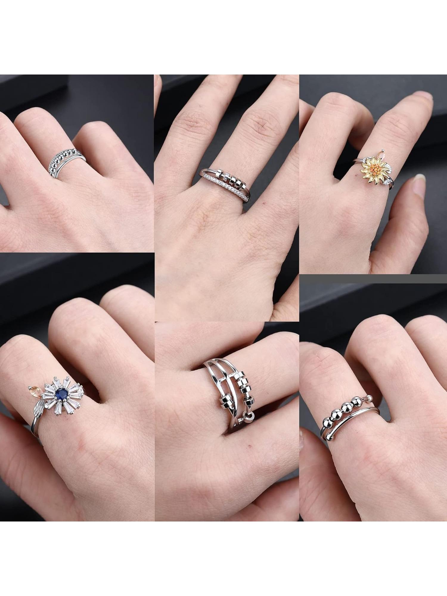6Pcs Fidget Anxiety Rings for Women Spinner Fidget Rings for Anxiety Adjustable Flower Bead Stress Relief Spinning Stackable Ring Set, Green