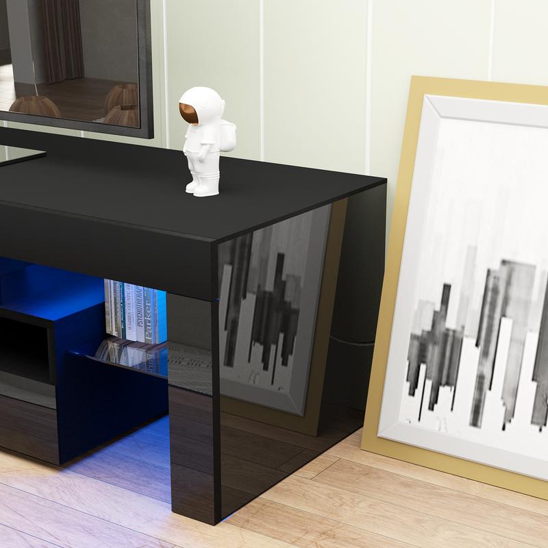 TV Stand with 16 Color LED Lights, Media Console with Drawer and Glass Open Shelf for 65/75/85/90/100 inch TV, Modern Gloss Entertainment Center for Living Room, Black/white