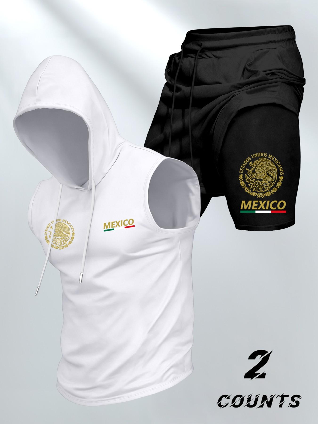 Men's Casual Fashion 2-Piece Sporty Set, Vintage Mexican Emblem Print Hooded Vest and Fake Two-Piece Shorts, Comfortable Trendy Summer Outdoor Sports Wear