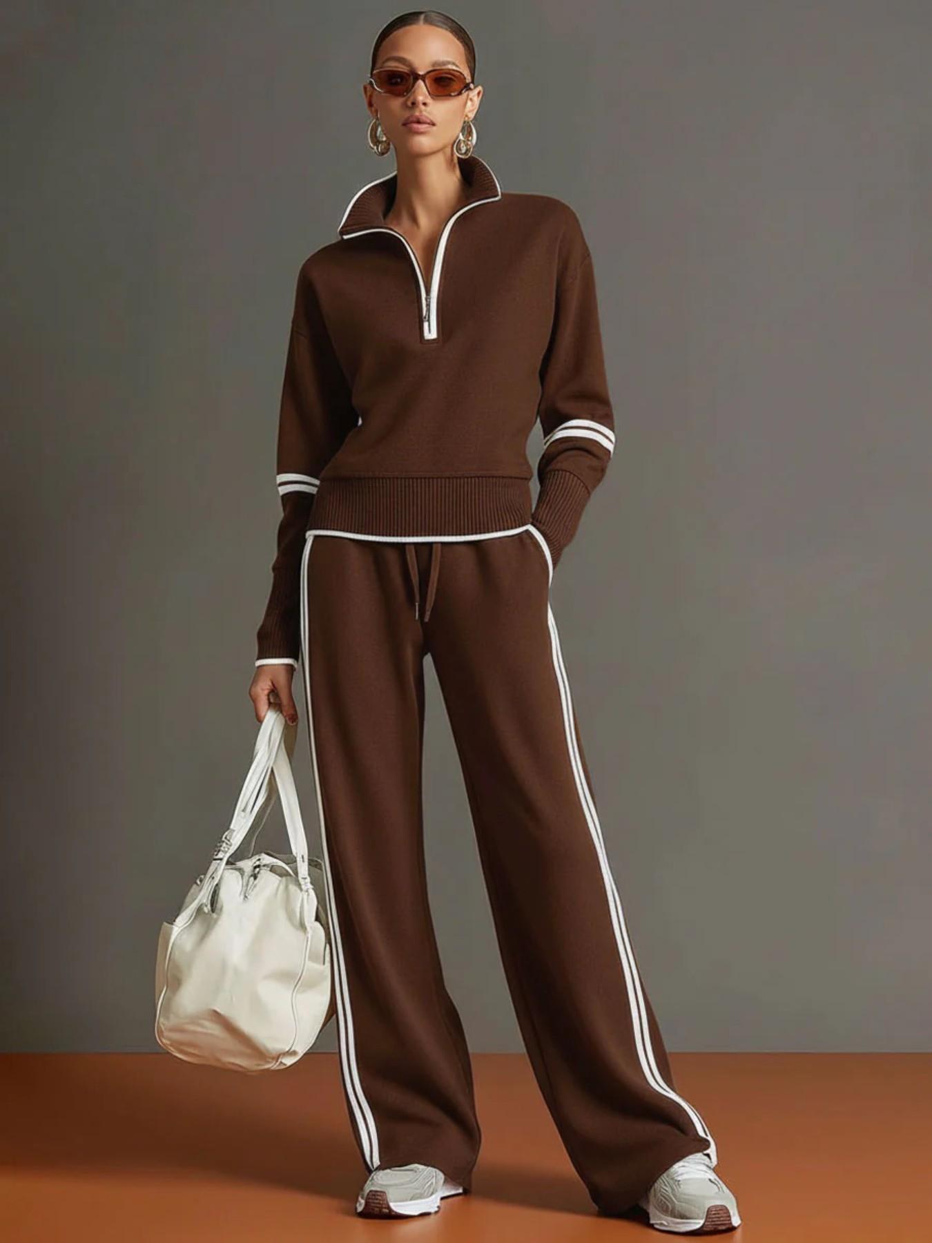 2026 New Casual Sports Set, European and American Fashion Style, Colorblock Stand Collar Sweatshirt, Wide Leg Pants Two Piece Set