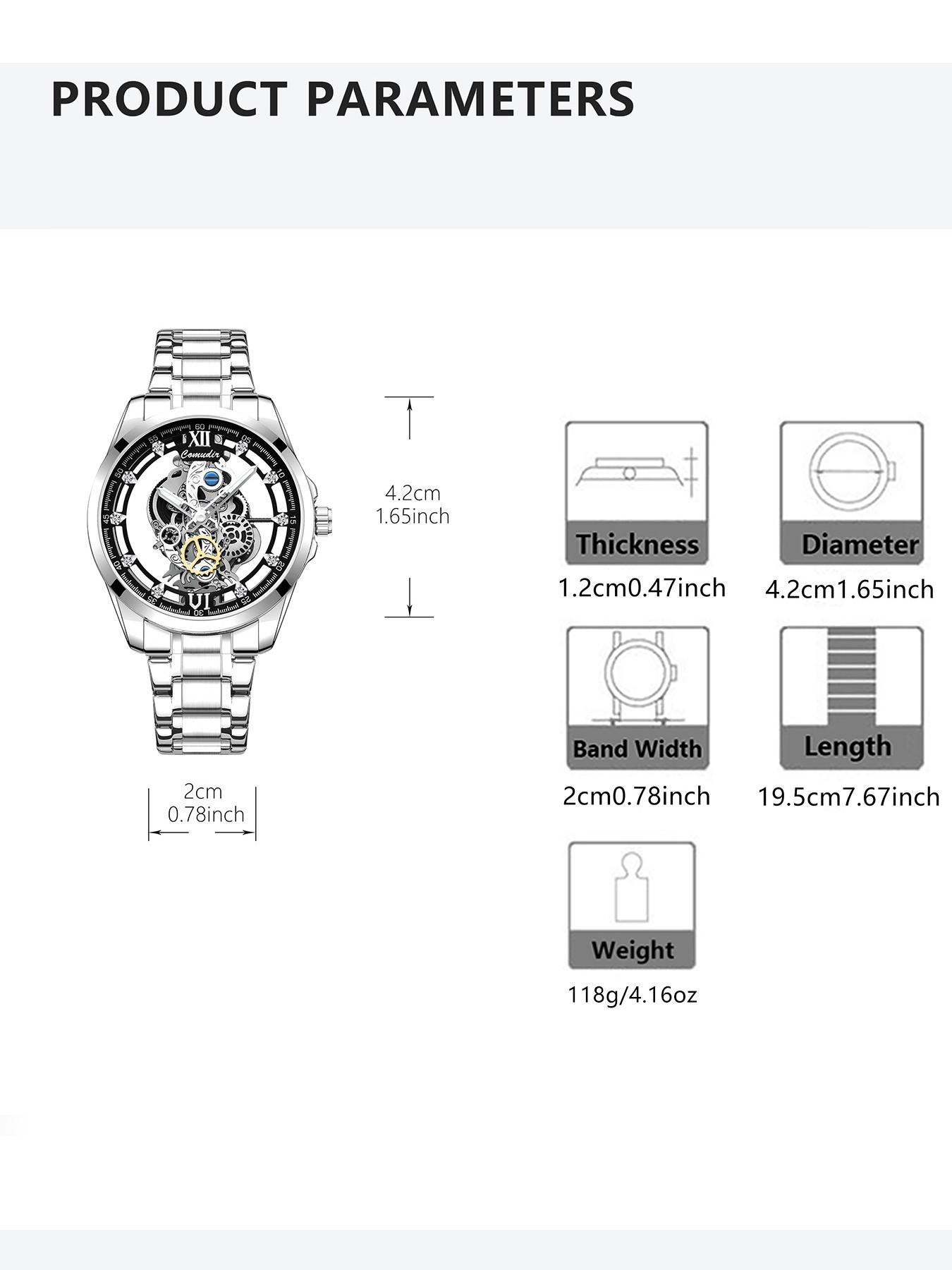Men's Silver Color Steel Strap Dual-Sided Transparent Sporty Casual Business Watch, Quartz Wristwatch, Analog Round Face, Quartz Movement, Alloy Case