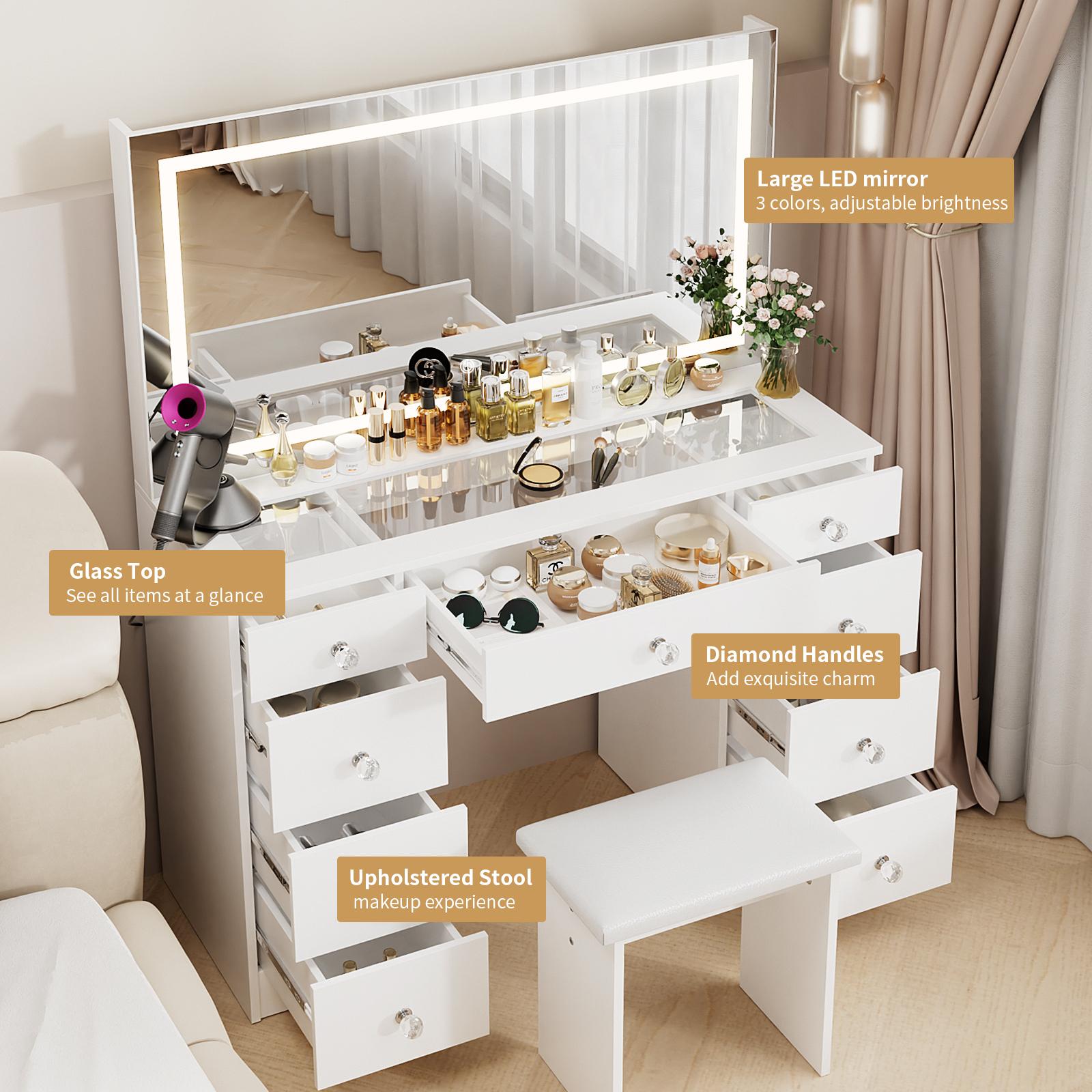 VOWNER Makeup Vanity Desk Table with Lighted Mirror,Power Outlet and 9 Drawers,Come with Soft Cushioned Stool
