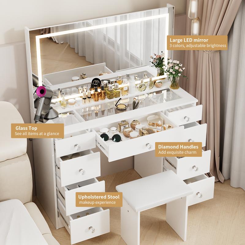 VOWNER Makeup Vanity Desk Table with Lighted Mirror,Power Outlet and 9 Drawers,Come with Soft Cushioned Stool