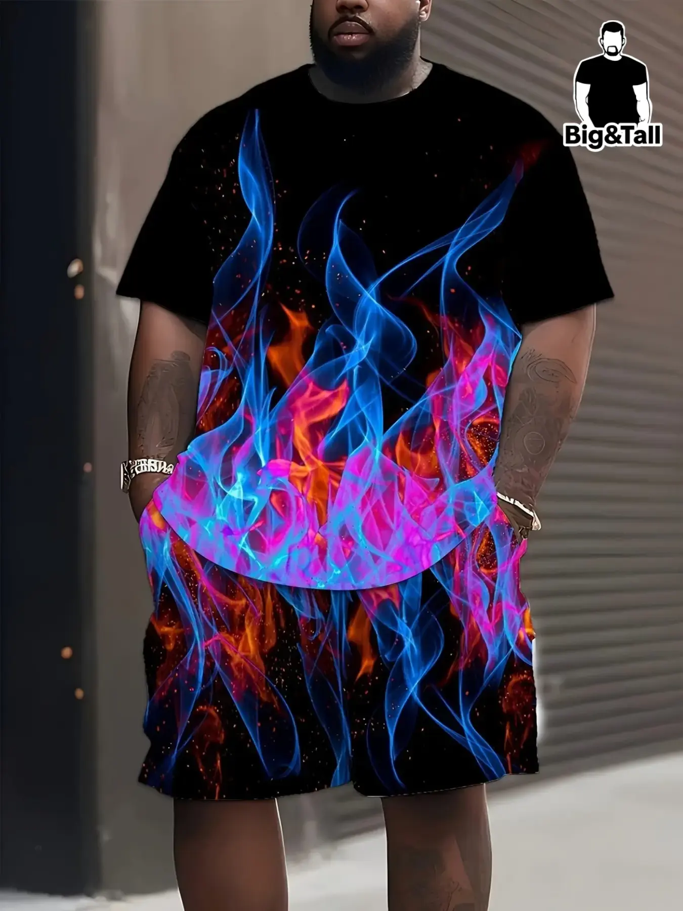 2-Piece Plus Size Men's Flame Print Casual Set, Trendy Street Style, Loose-Fitting, Short Sleeve, Natural Waist, All over Print, Streetwear, Menswear, Clothes, Two Piece Set