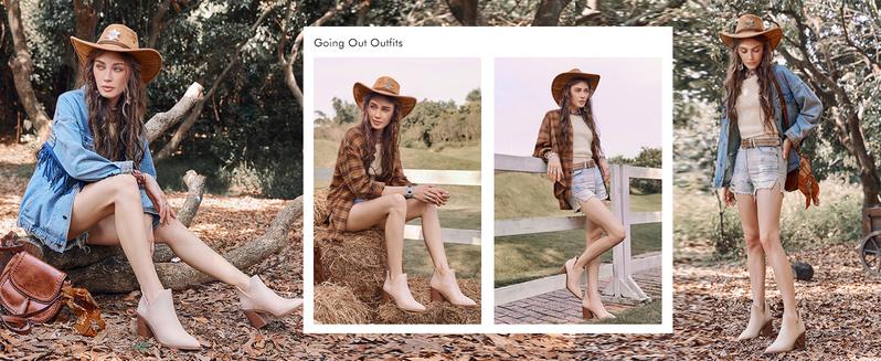 Coutgo Womens Pointed Toe Stacked Mid Heel Ankle Boots V Cut Back Zipper Faux Leather Booties