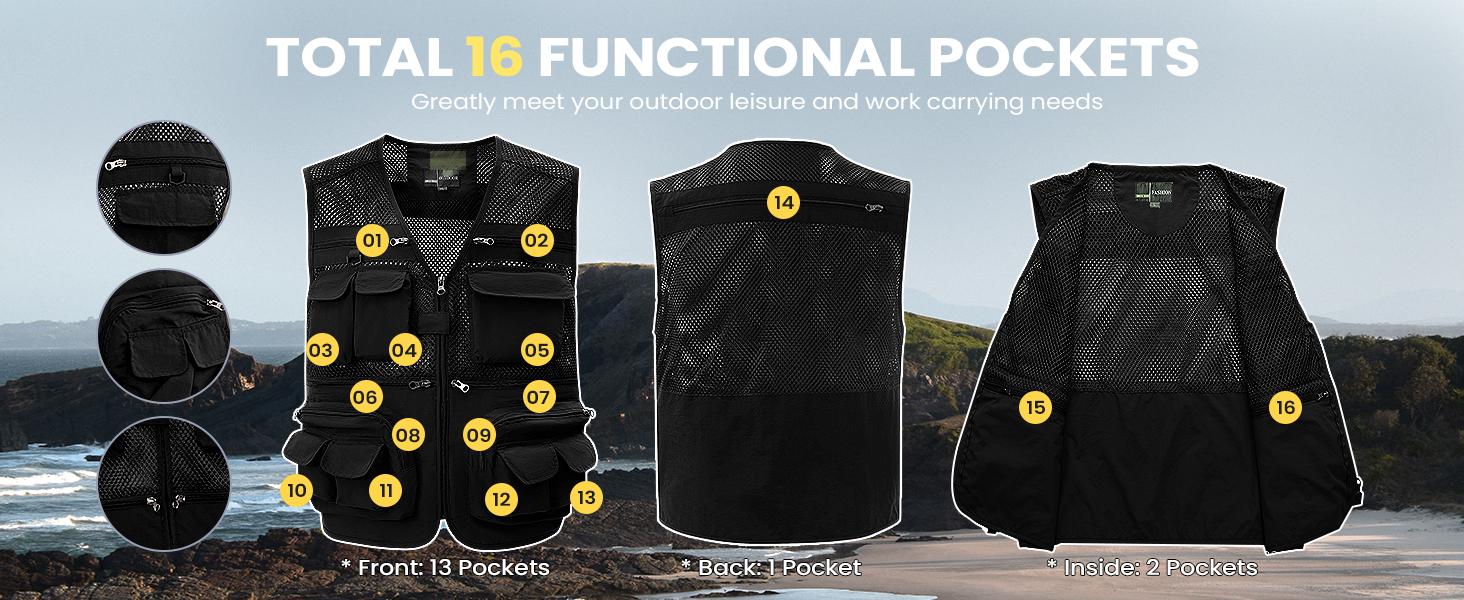 Gihuo OlympinA Men's Fishing Vest with 16 Pockets for Outdoor Work Safari Travel & Photography Breathable Sleeveless Jacket for Spring Summer Fall Adjustable Waistcoat in Beige Army Green