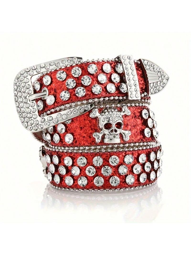 Sparkling Rhinestone Skull Belt, Hip Hop Punk Black Wide Belt, Unisex Rhinestone Rivet Belt, Punk Style Belt