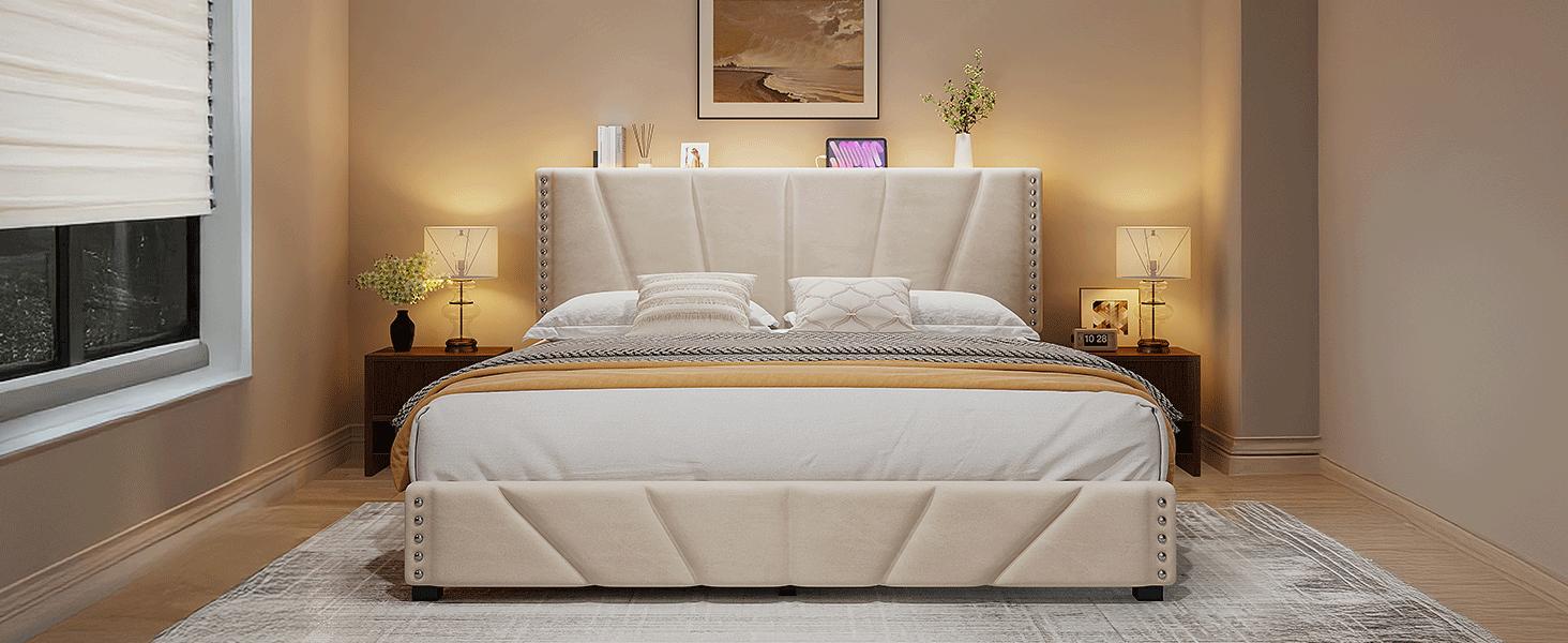 Full/Queen/King Size LED Bed Frame with Velvet Storage Headboard Platform Bed with Charging Station, No Mattress, Sturdy Wooden Slats Support