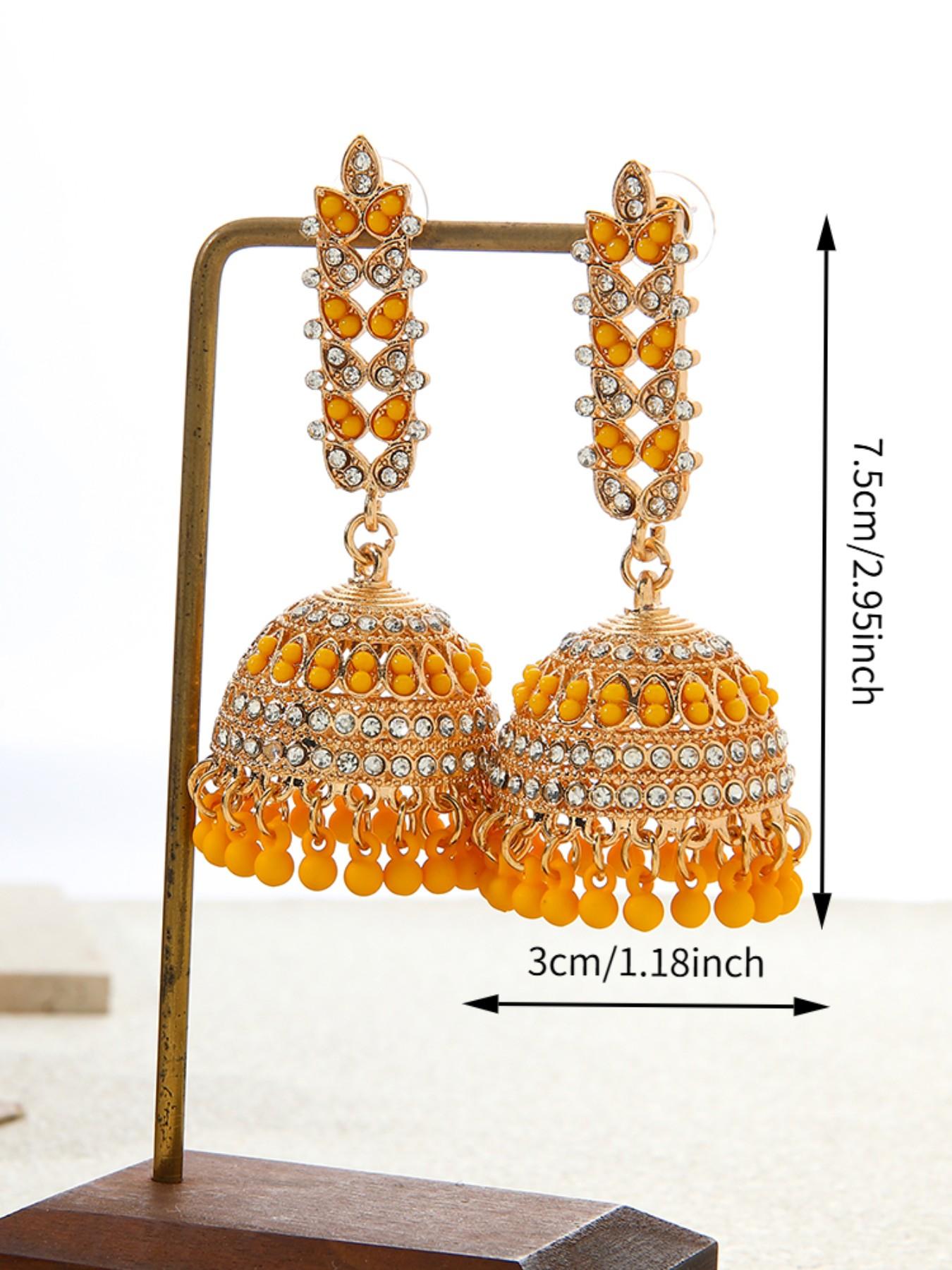 Indian Ethnic Birdcage Bell Jhumka Earrings, Heavy Rhinestone Beaded Long Fringe, Vintage Hollow Out Courtly Ear Jewelry, Bohemian Gift, Vintage Statement Earrings