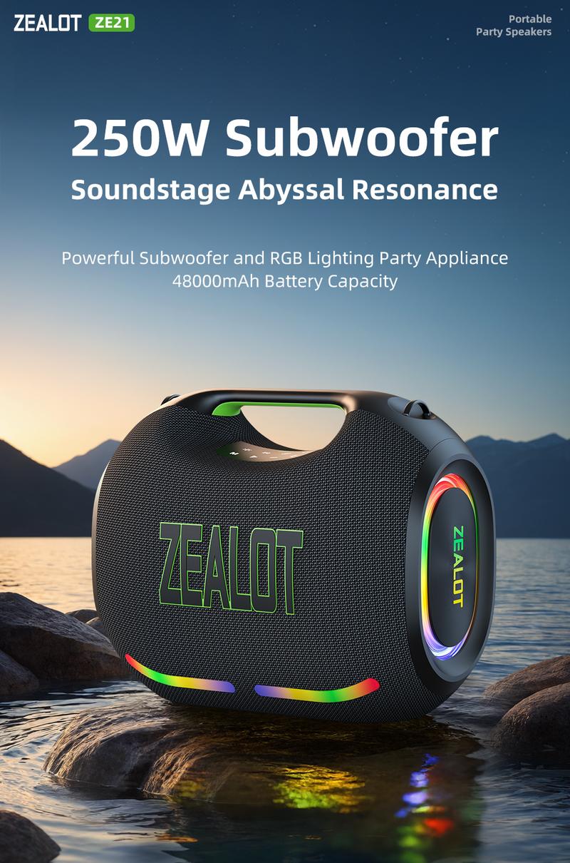 250【ZEALOT】Portable wireless speaker high ,fidelity sound and audio, desktop Bluetooth speaker surround sound, TWS pairing, 48000 long battery life, supports USB/TF card/AUX/BT smartphones. Ideal choice for family/car/party/camping/gift giving