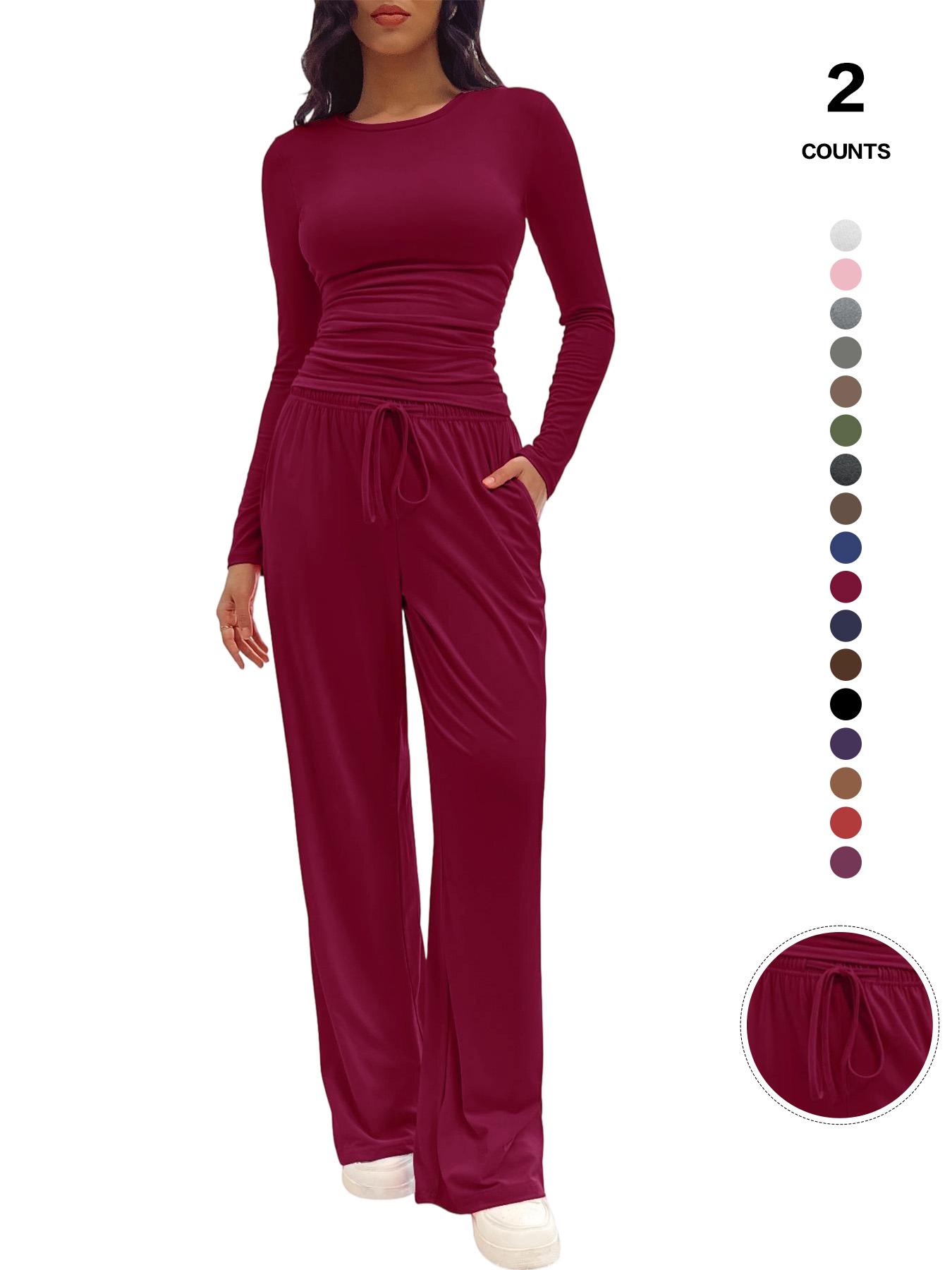 Women's Two-Piece Set, Ruched Tee & Drawstring Pocket Pants, Fitted Design, Organic Textile Material, Ideal for Daily Wear