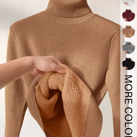 Women's Solid Thermal Lined Drop Shoulder High Neck Sweater, Casual Solid Long Sleeve Jumper For Daily Outdoor Wear, Women Knit Top for Fall & Winter