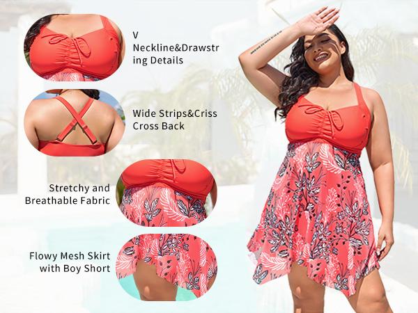 Daci Plus Size Two Piece Swim Dress with Boyshorts for Women Mesh Swimsuits Flowy Bathing Suits