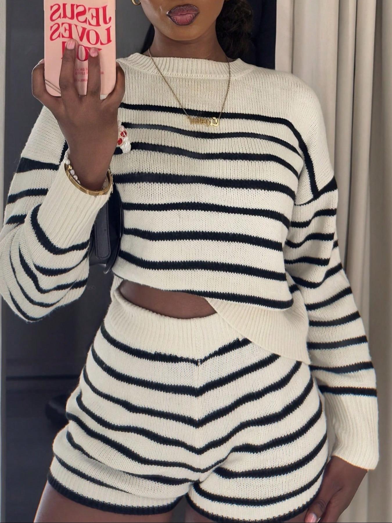 Striped Knit Two-Piece Set, Fitted Casual Home Wear, Long Sleeve Top & High Waist Shorts, Y2K Style, Fall Winter Fashion