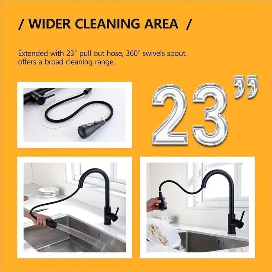 Modern Stainless Steel Pull-Out Kitchen Faucet, 360-Degree Rotating Water Outlet, Dual Function Hot and Cold Water Spray Head