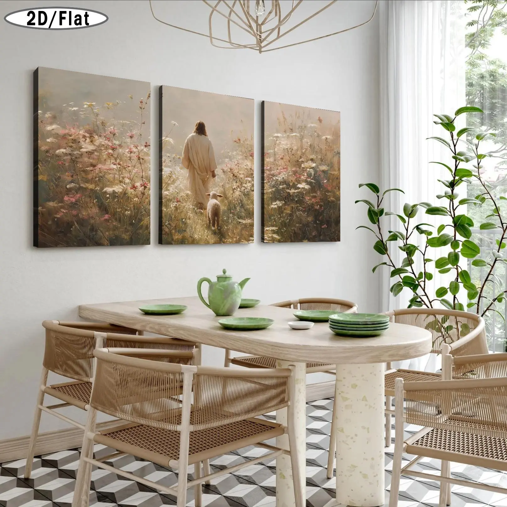 2D Flat Set Of 3 Wooden Framed Canvas Print Decor Paintings, Jesus And The Lost Sheep In Wildflower Field. Printed Decor, Beige Bible Prayer Theme. Christian Faith Shepherd Artwork. Christmas Gifts For Followers Of God – Indoor Home Wall Decor Art, Prayer