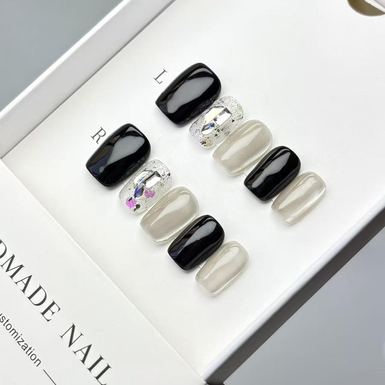 Boss Babe Exclusive Luxury Press Ons! Black White Color Block & Milk White Cat Eye & Exquisite Hand-Painted Big Diamond, Cool & Cute Vibe, Photo Ready