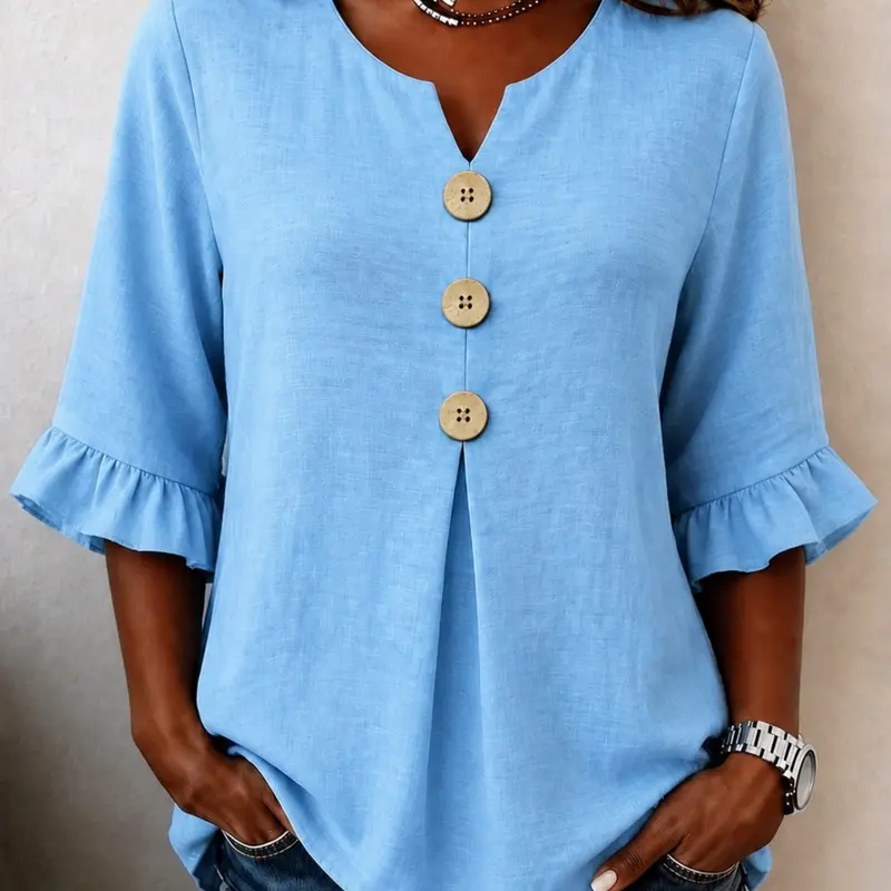 Women's Plus Size Solid V-Neck Shirt Blouse, Loose-Fitting Ruffle Sleeve Button-Up Top, Casual Vacation Wear, European and American Style