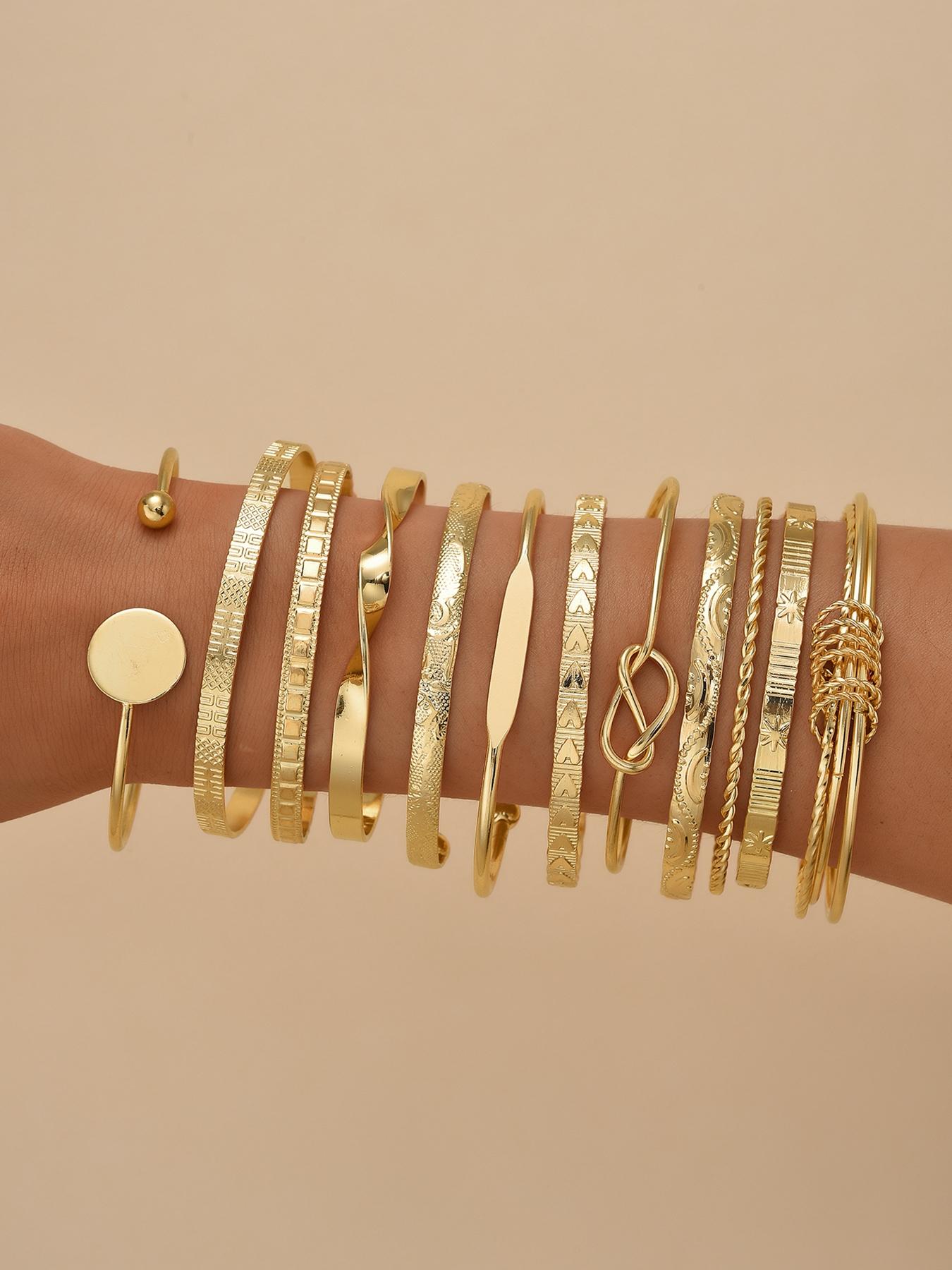 12-Piece Boho Style Women's Metal Bracelet Set, Trendy Stack Bangle, Adjustable Heart Pattern Design, Ideal Gift for Friends & Family