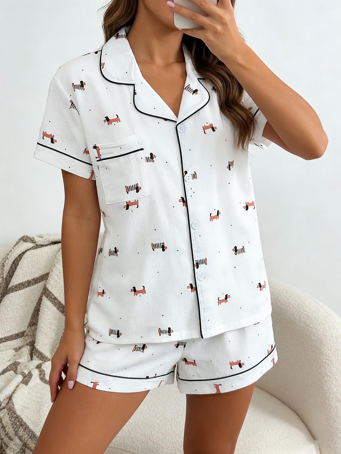 Women's Short Sleeve Button Down Top and Shorts Pajama Set, Spring Summer Wear, For Japanese Kawaii Soft Girls, Cream Base Soft Dachshund & Polka Dot Print, Small Lapel Collar, Slim Fit No Bulk, Comfortable For Daily Home Wear