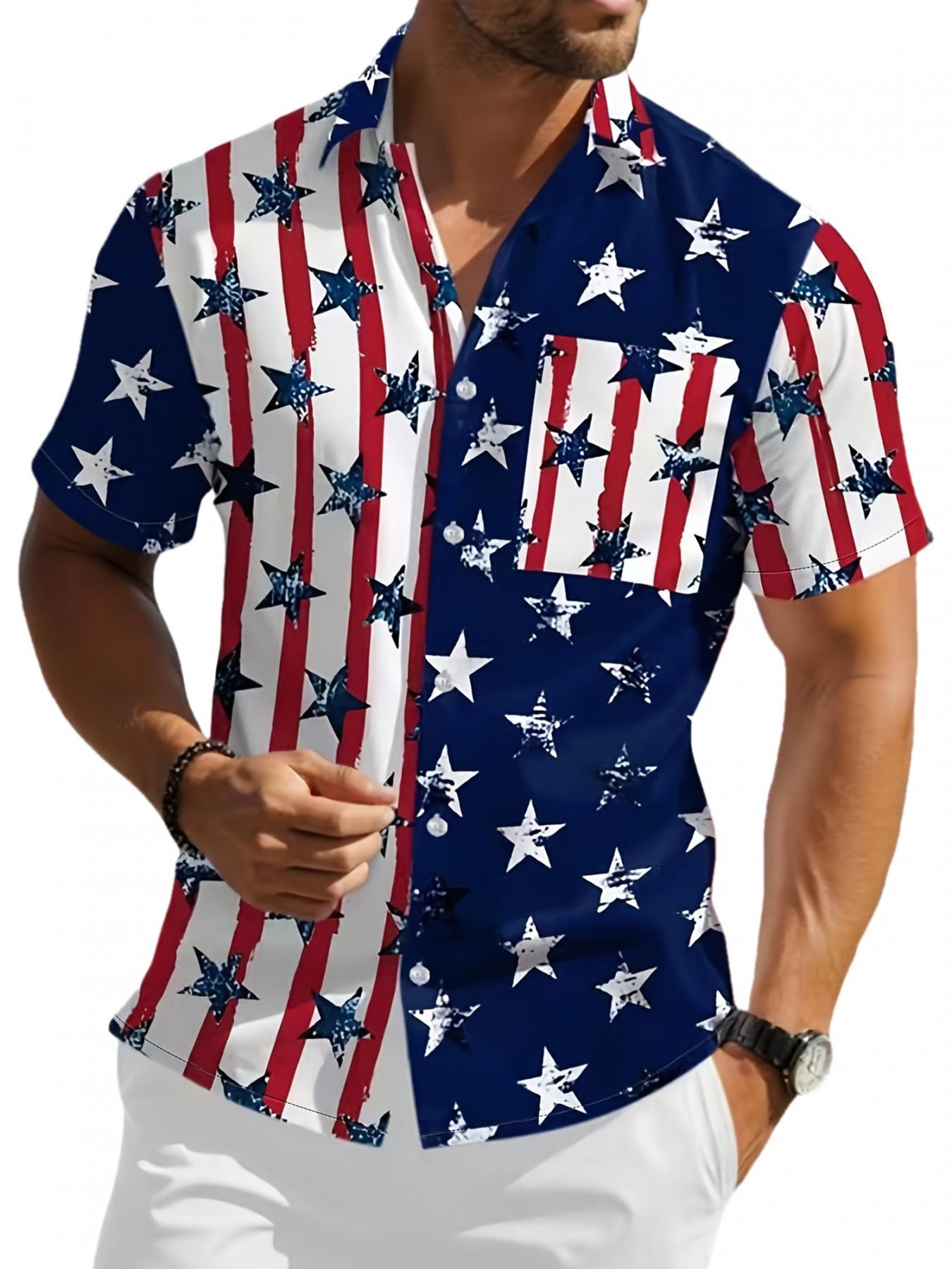 Men'S Short-Sleeve Shirt with Flag Print, Perfect for a Holiday Vibe And Casual Gatherings
