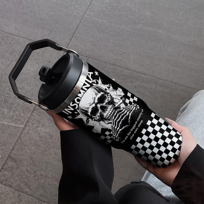 Loyr 30oz Insulated Travel Mug, Skull Design Stainless Steel Leak-Proof Straw Cup, Large Capacity Portable Cup for Commute Outdoor Use, Perfect Gift
