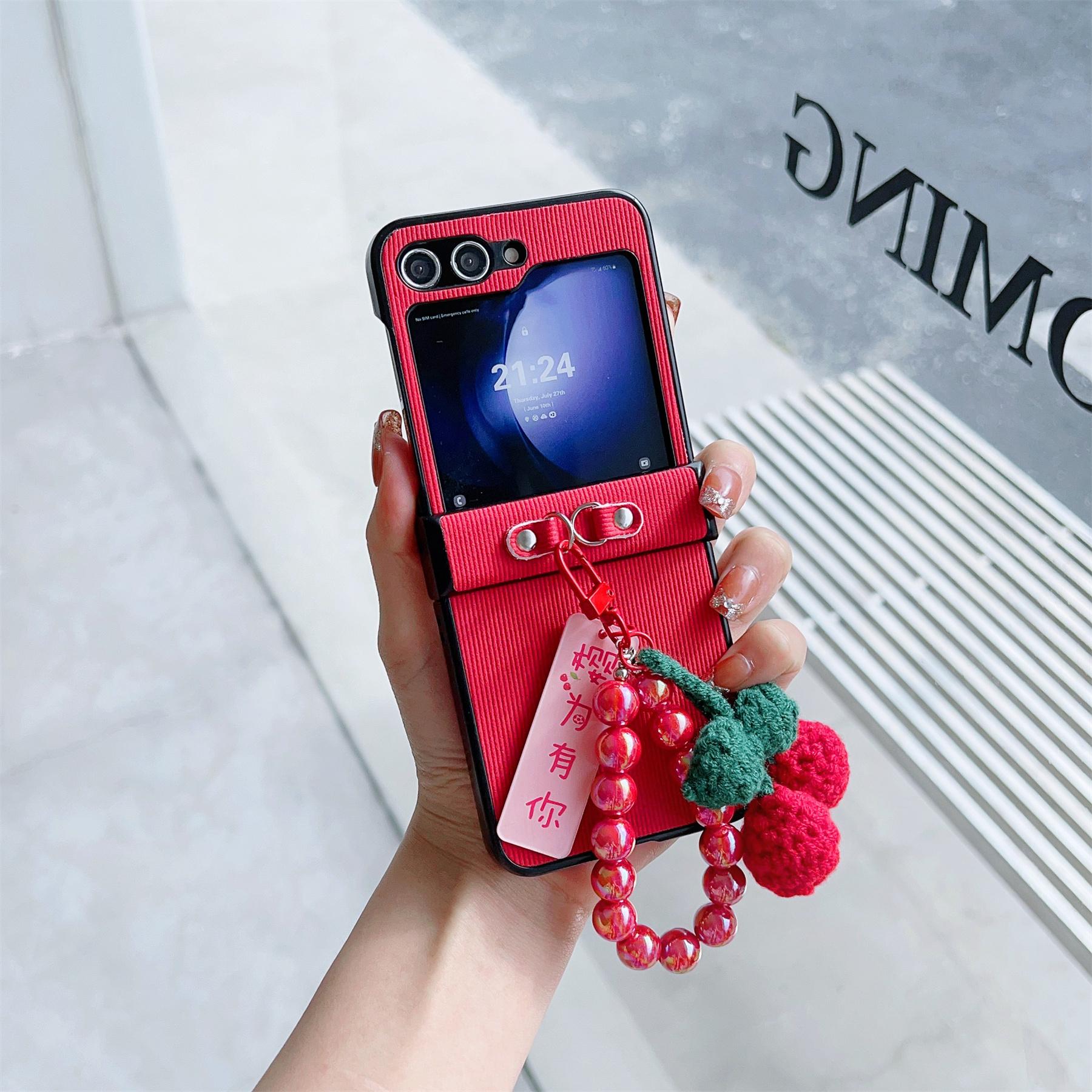 Korean Cute Peach Cherry Beads Ring Pendant Stripes Case for Samsung Galaxy Z Flip 7 Z Flip6 Zflip5 Zflip5 Back Cover