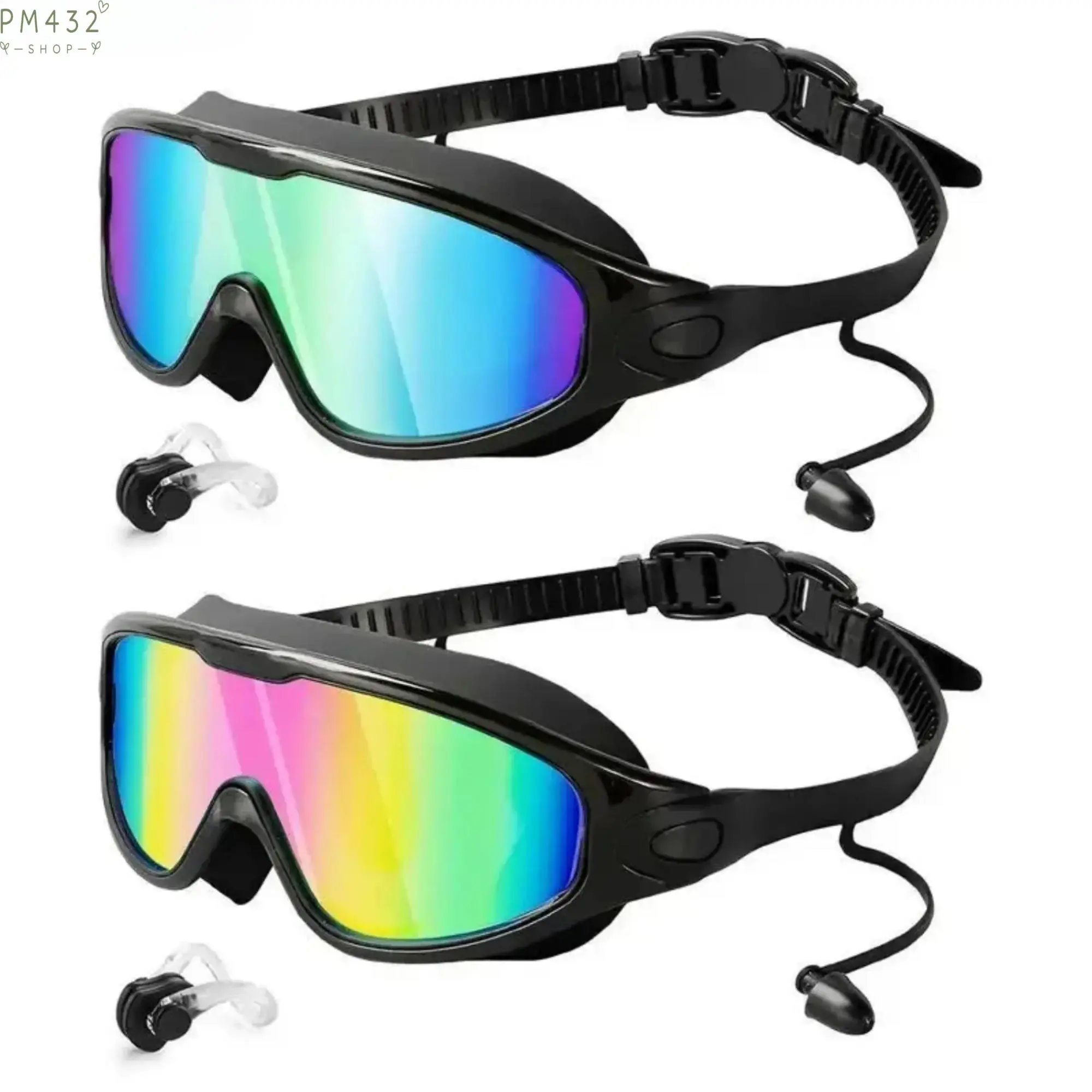 2-Pack Swim Goggles Set with Nose Clip & Ear Plugs, 180° Wide View Anti-Fog Swimming Glasses with UV Protection, Leakproof Comfortable Fit for Adults Kids, Pool Training, Beach, Water Sports, Summer Swimming Accessories