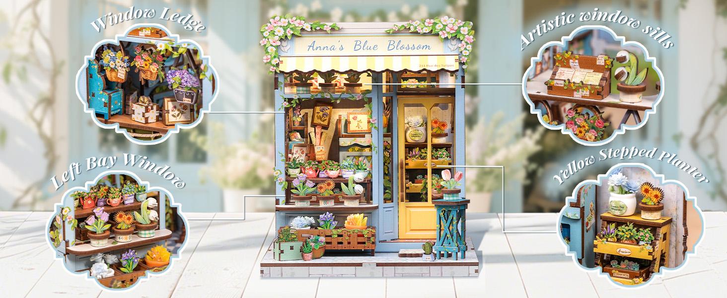 CUTEBEE Anna's Blue Blossom DIY LED Book Nook Wooden Miniature Bookcase with Dust Cover Perfect Gift for Black Friday & Christmas