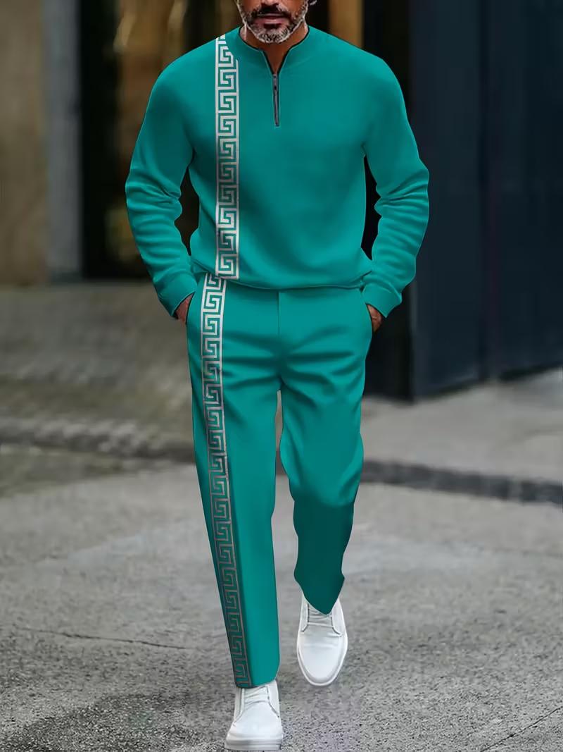 Men's European American-Style Sportswear Set Half-Zip Top & Matching Trousers Golden Greek Fretwork Design Comfortable Fabric for Daily Streetwear