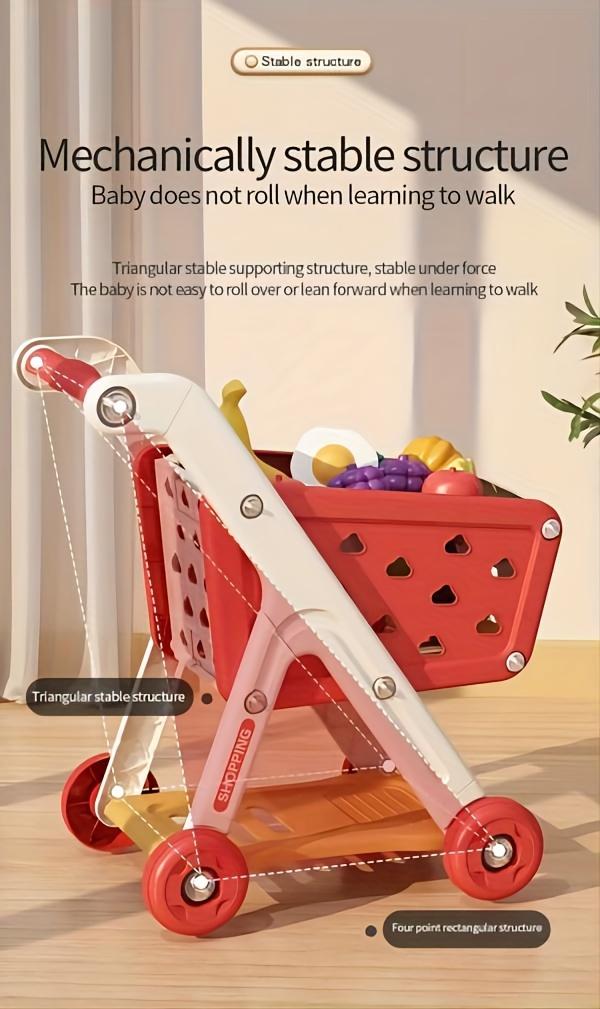 26pcs Kids Shopping Cart Trolley Play Set with Pretend Food and Accessories, Perfect Birthday Gifts for Ages 3+ Pretend Play and Role-Playing Games