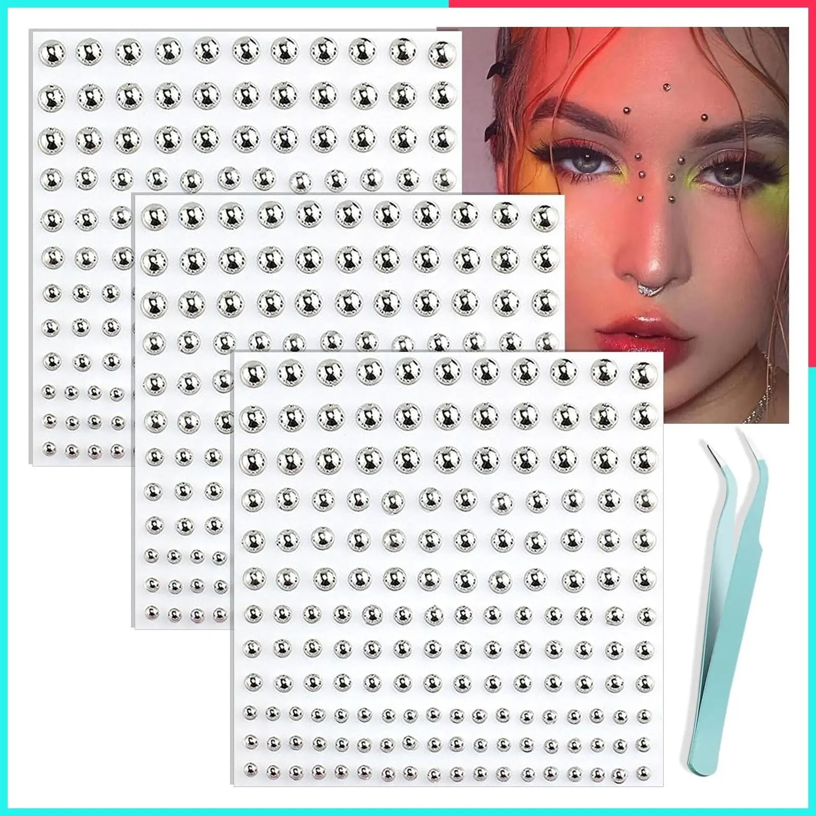 Fake Piercing Face Gems Kit - Lip, Nose & Eyebrow Studs, Non-Piercing Silver Belly Button Stickers, Face Sticker Rings, Punk Y2K Makeup Accessories for Women and Men