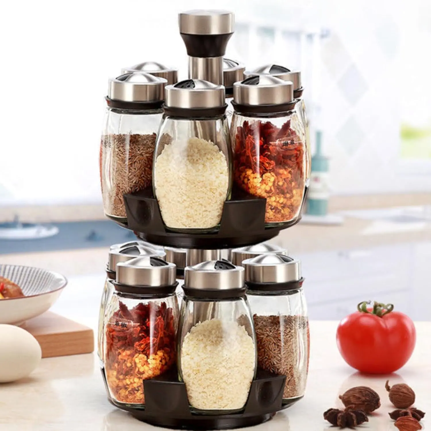 revolving spice rack organizer countertop stainless steel double layer spice jars with 12 glass bottles for home kitchen seasoning storage set condiment seasoningshakers fresh keep Salt Pepper cover dispenser barbecue adjustable