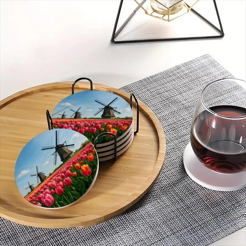 6-Piece Coaster Set Windmill Tulip Design Ceramic Non-Slip Heat Resistant for Coffee & Drinks Home Restaurant Decor Ideal Gift