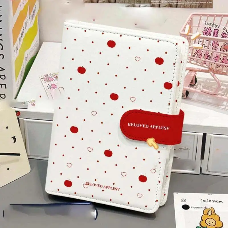 Kawaii Red Apple Heart Print Loose Leaf Notebook PU Magnetic Buckle Portable Planner Cute Stationery Gift for Girls Students