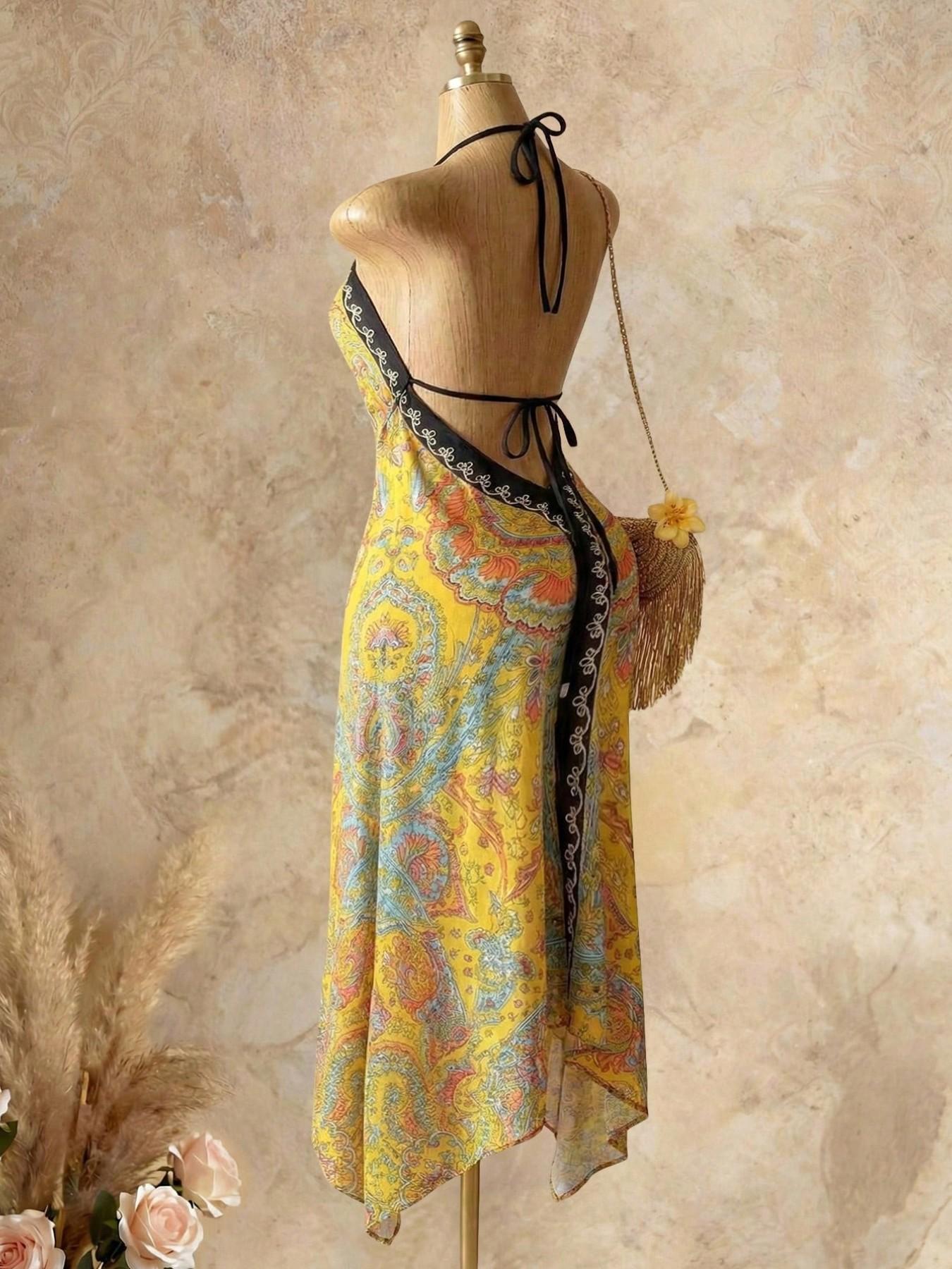 Women's Summer Boho Print Halter Long Dress, Deep V Backless Waist Cinch Sexy Dress, Perfect for Beach Vacation, Date, Daily Wear, Hiking, Boho Printed Dress