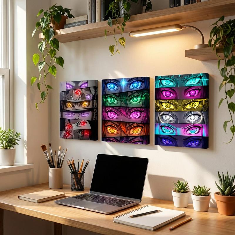 Windows To Other Worlds, Framed. 3 Stretched Canvas Prints Of Iconic Anime Character Eyes. For The Ultimate Weeb Shrine Or Artist‘S Studio. #Animeeyes #Weebcave Art Wall Decoration