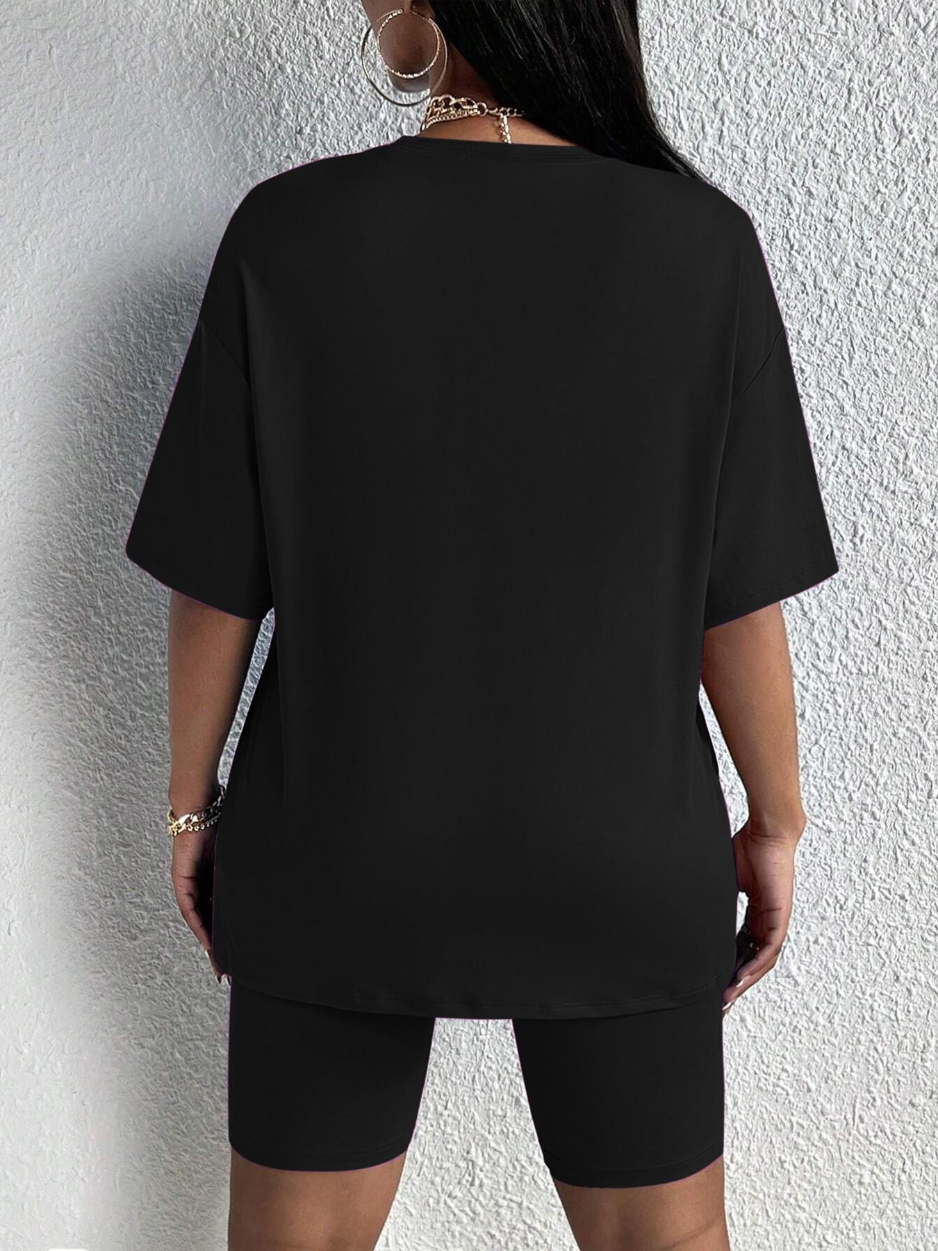 Summer Women's Sleepwear Set, Casual Round Neck Short Sleeve Letter Print Pajamas, Comfortable Home, Elegant Bike Pants