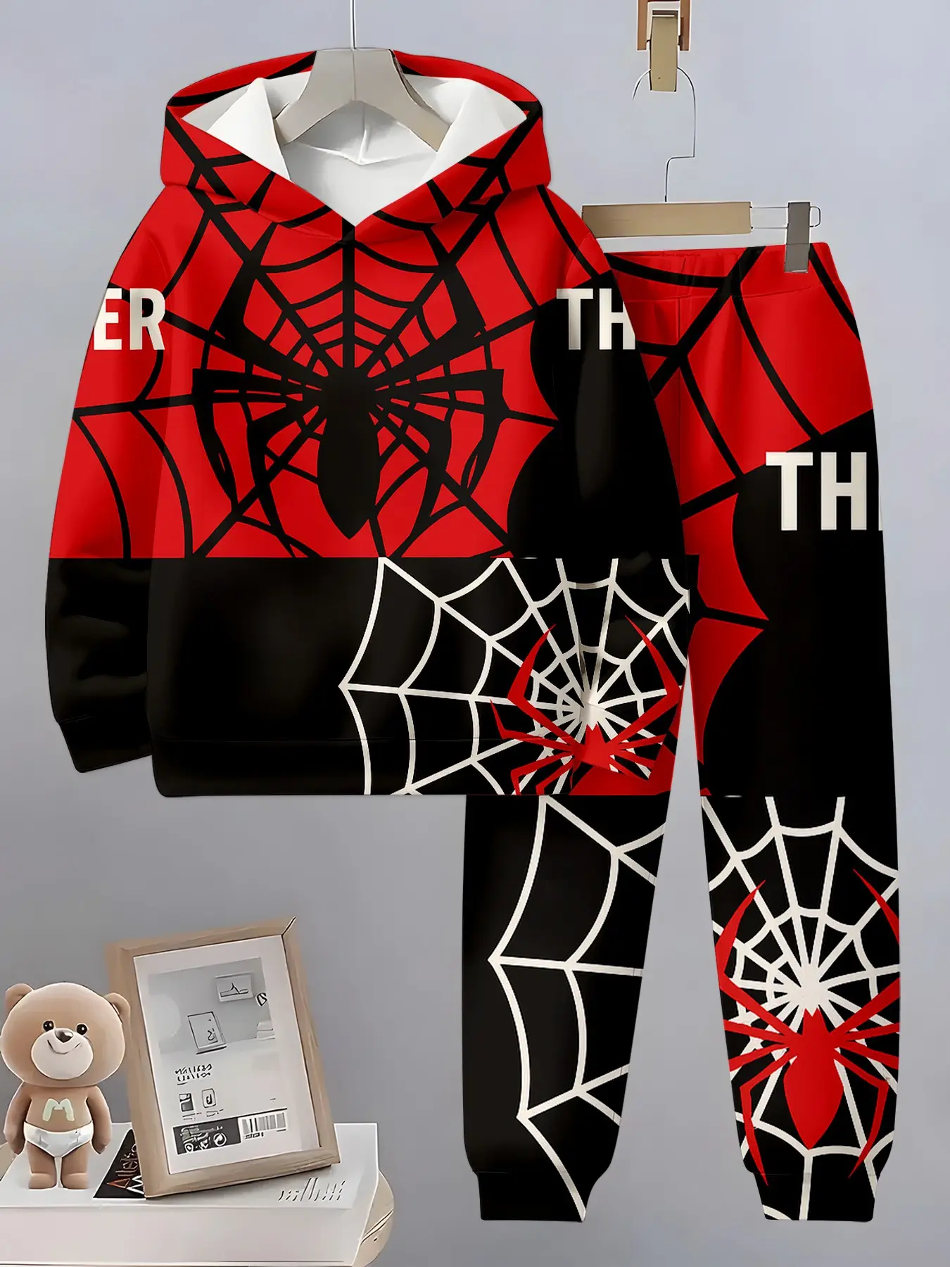 Boys 2 Piece Tracksuit Set Red and Black Color Block Spider Web Graphic Hoodie and Joggers
