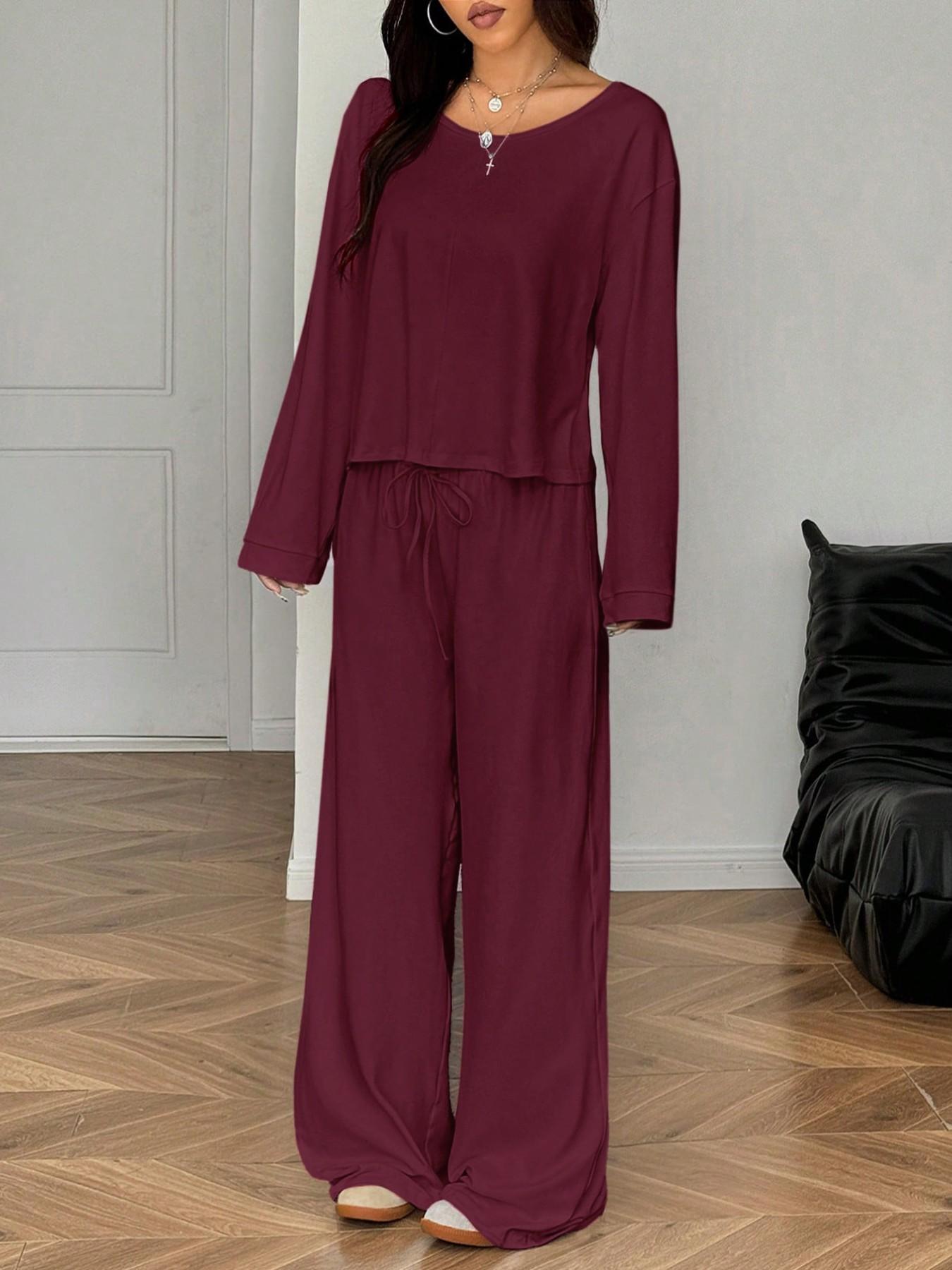French Minimal Chic Cold Shoulder Cutout Two Piece Set, Summer Casual Loose Cropped Top & High Waist Adjustable Drawstring Trousers, Figure-Flattering Loungewear