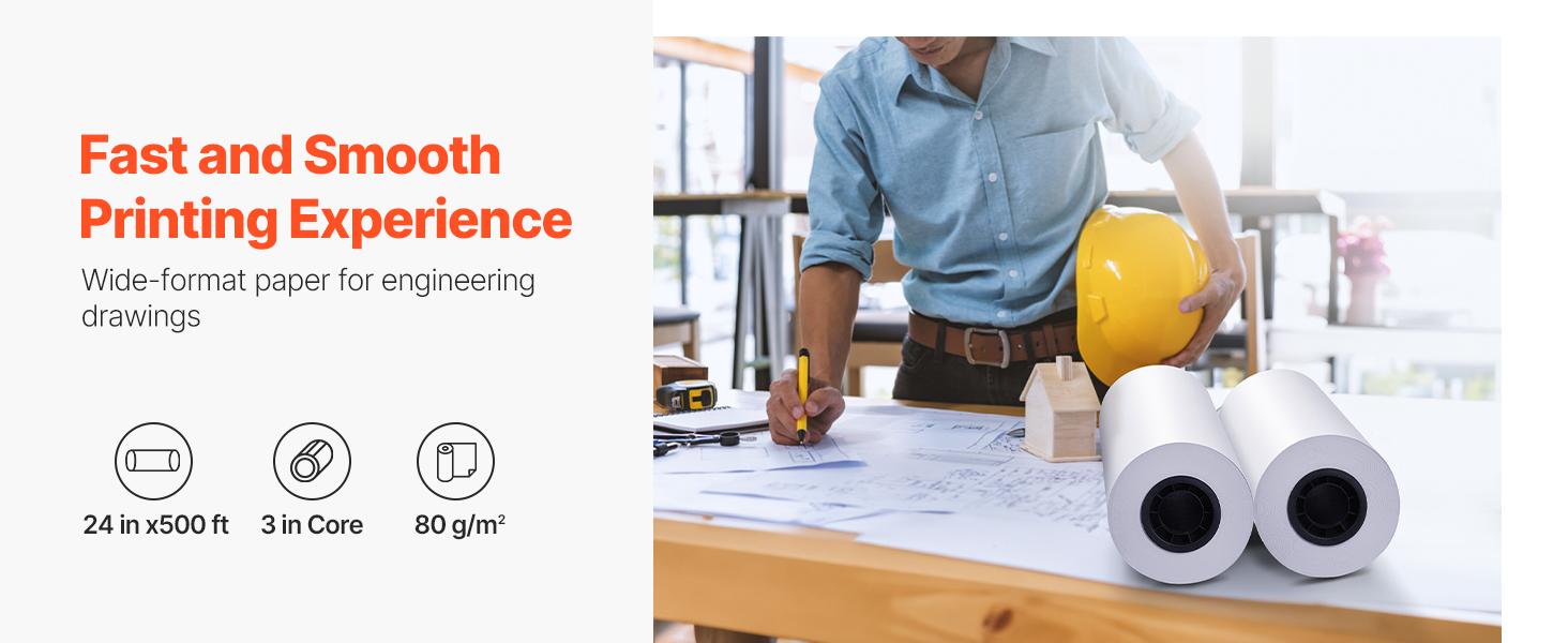 VEVOR Wide Format Paper, 24 inx 500 ft Plotter Paper, 2 Rolls CAD Bond Rolls with 3 in Core, 20 LB Bond Paper Rolls, Idea for CAD Drawings, Engineering Plans, GIS Maps Architectural Designs