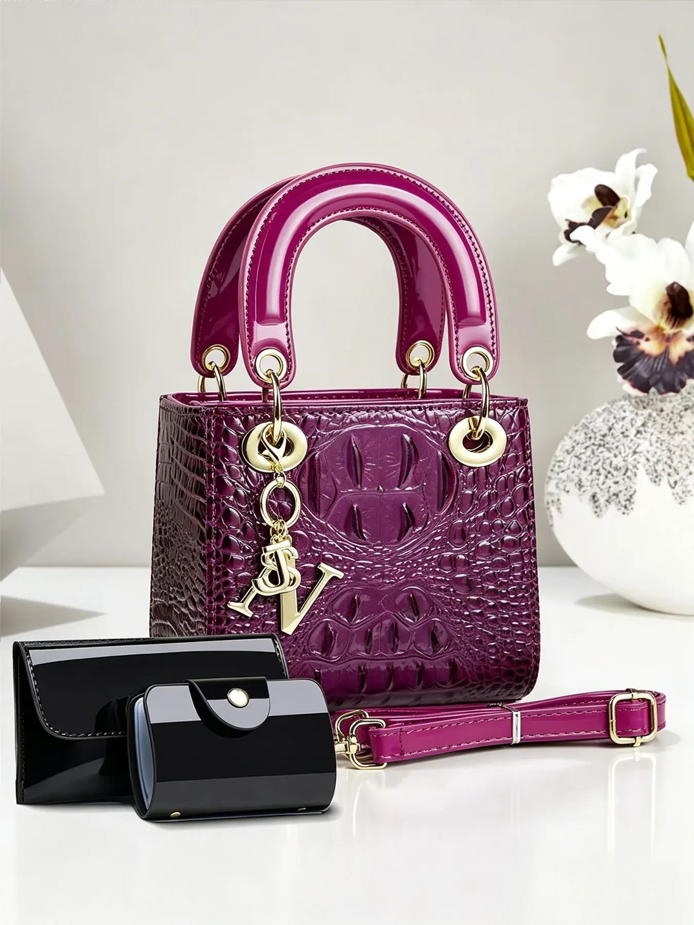 Women's Diana Style Three-In-One Handbag Set, Glossy Crocodile Texture Crossbody Bag, Matching Wallet and Card Holder