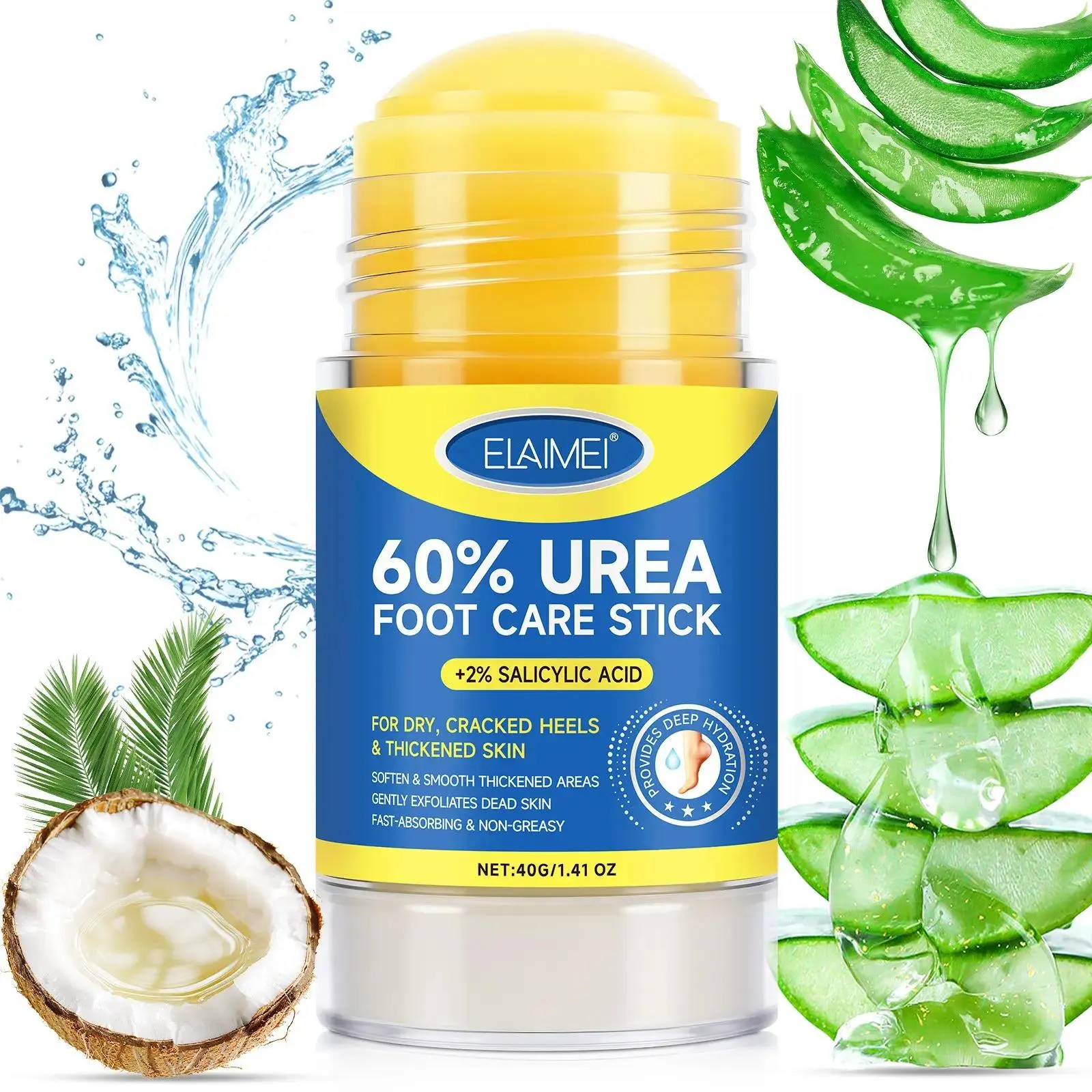 Elaimei 60% Urea Foot Care Stick, 2% Salicylic Acid Heel Balm for Dry, Rough Feet, Helps Soften Callused-Looking Skin, Moisturizing Non-Greasy Foot Care Stick for Heels & Soles, 40g